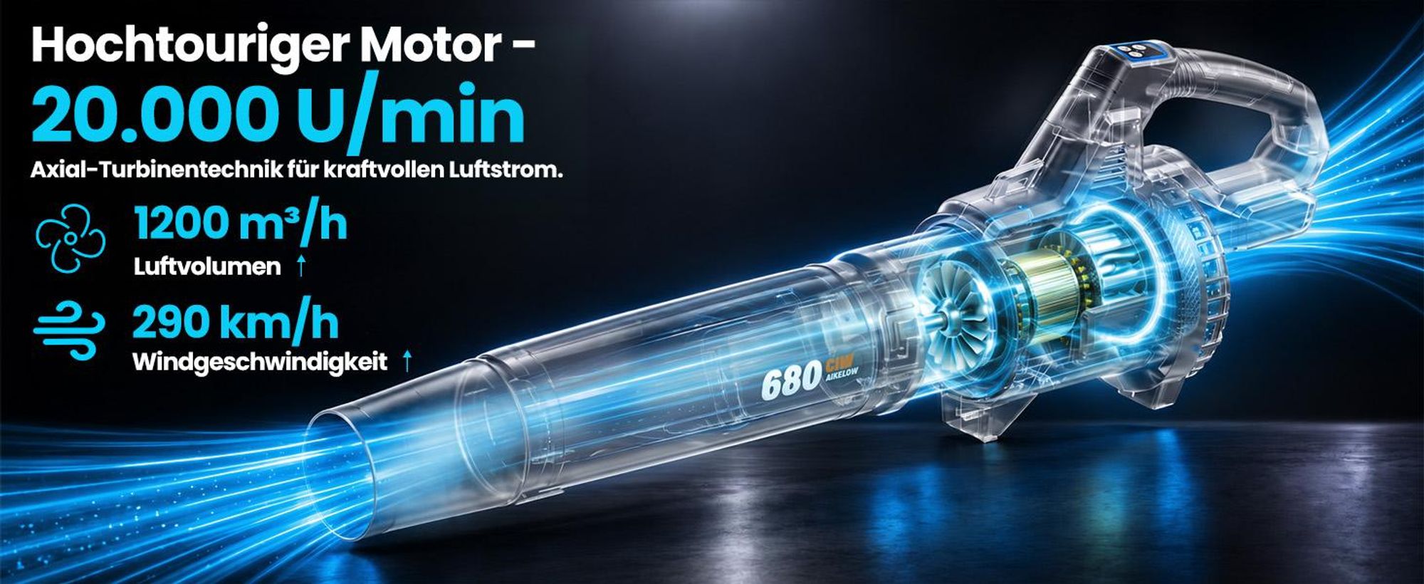 Akku Laubbläser, Akku laubsauger mit 2 x 5,2 Ah Akkus und Ladegerät, bis 290 km/h, 1200 m³/h, 3 Stufen, Schultergurt, für Garten und Terrasse