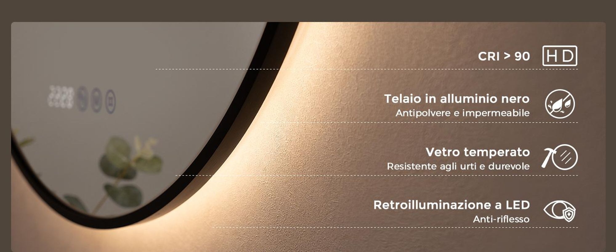 S'AFIELINA Specchio Bagno LED Rotondo 80 cm, Cornice Nera, 3 colori di luce, luminosità regolabile, antiappannamento, orologio e temperatura