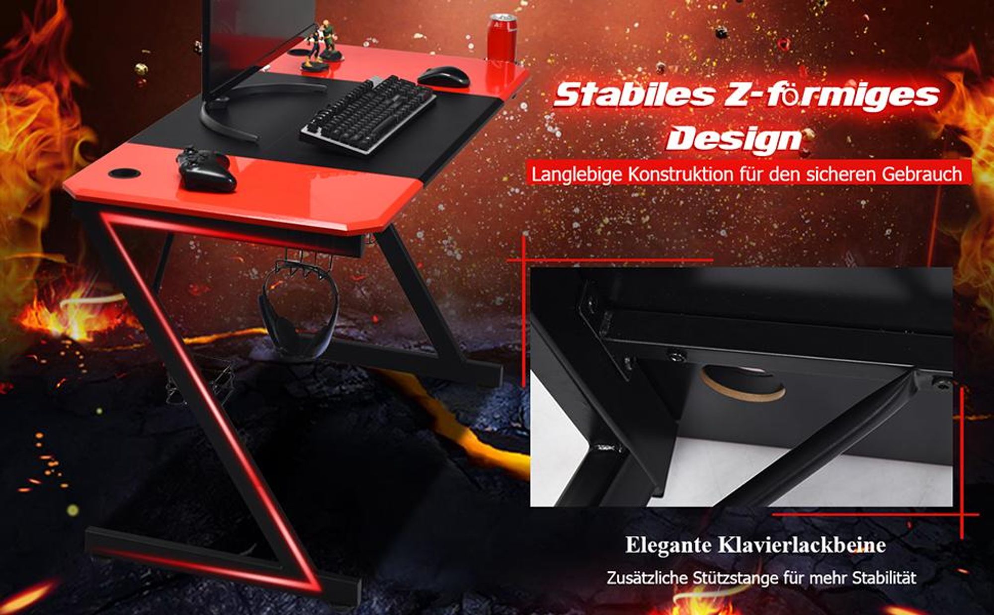 COSTWAY Z-förmige Gaming Tisch, Computertisch, PC Tisch mit Becherhalter, Kopfhörerhaken & Boxenständern, Schreibtisch 120x60x77cm, rot schwarz