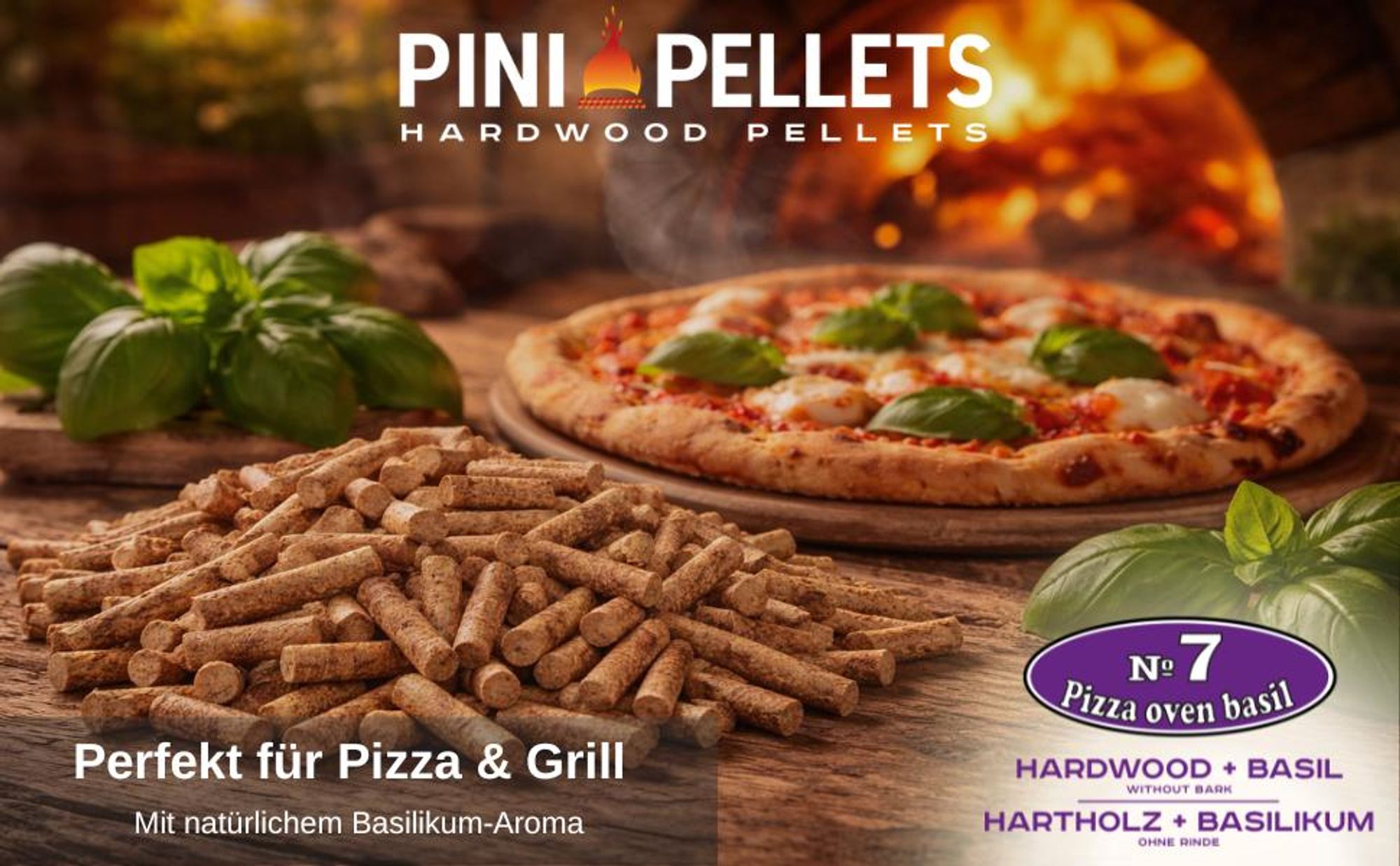 PINI Hartholzpellets № 7 BBQ Pizza Oven Basilikum 1,5 Kg Grillpellets zum Grillen Räuchern Smoken