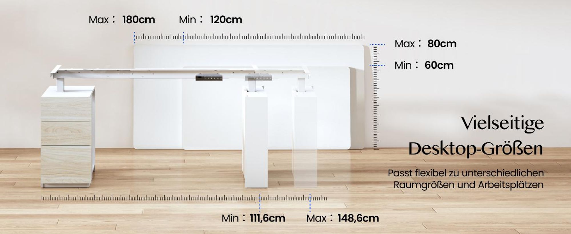 FLEXISPOT Höhenverstellbarer Schreibtisch 160x80cm mit 2 Schränke, 2 Motoren, 25MM EINTEILIGE TISCHPLATTE, 120 kg Tragkraft, Kabelmanagement, Weiß