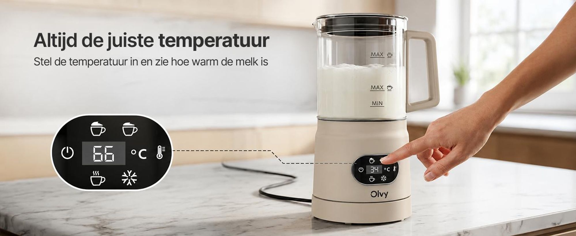Olvy Elektrische melkschuimer van glas, 4-in-1, 500W, met temperatuurindicator, 160 ml melkschuim, 400 ml verwarmde melk, voor warme en koude melkschuim, beige