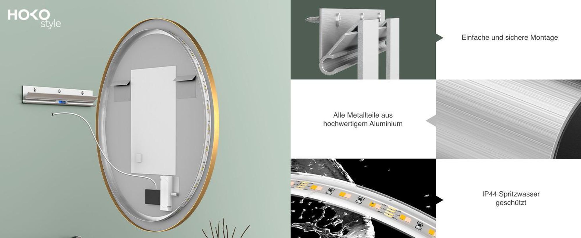 HOKO LED-Badspiegel rund 80 cm mit Goldrahmen, Anti-Beschlag, Touch-Schalter, Memory-Funktion und Farbwechsel 2700–6500 K, IP44, Marsala