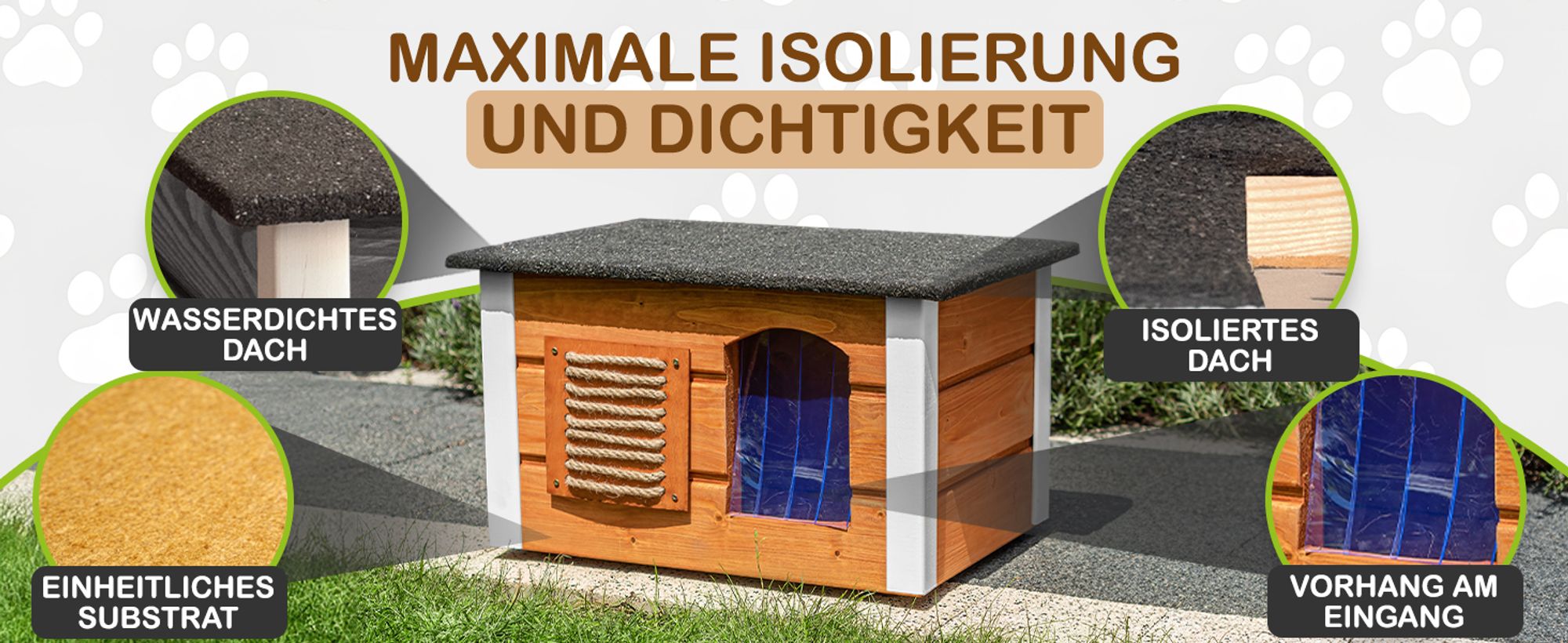Isoliertes Katzenhaus für Draußen aus Holz – Wetterfest Katzenhütte mit Wärmedämmung, Wasserdichtem Dach & Thermovorhang – Einfache Montage - Teak