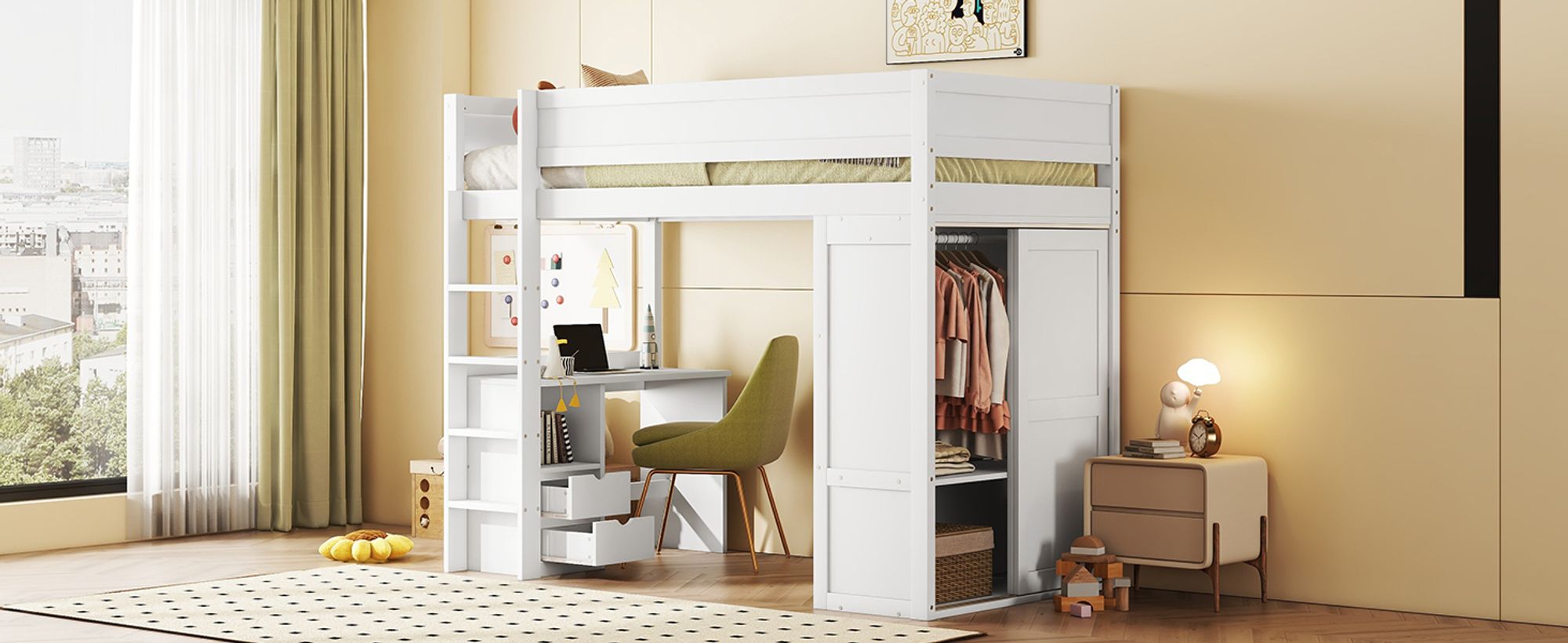 MODFU Hochbett 90 X 200 cm mit Kleiderschrank, Schreibtisch und Schubladen(Ohne Matratze), Weiß
