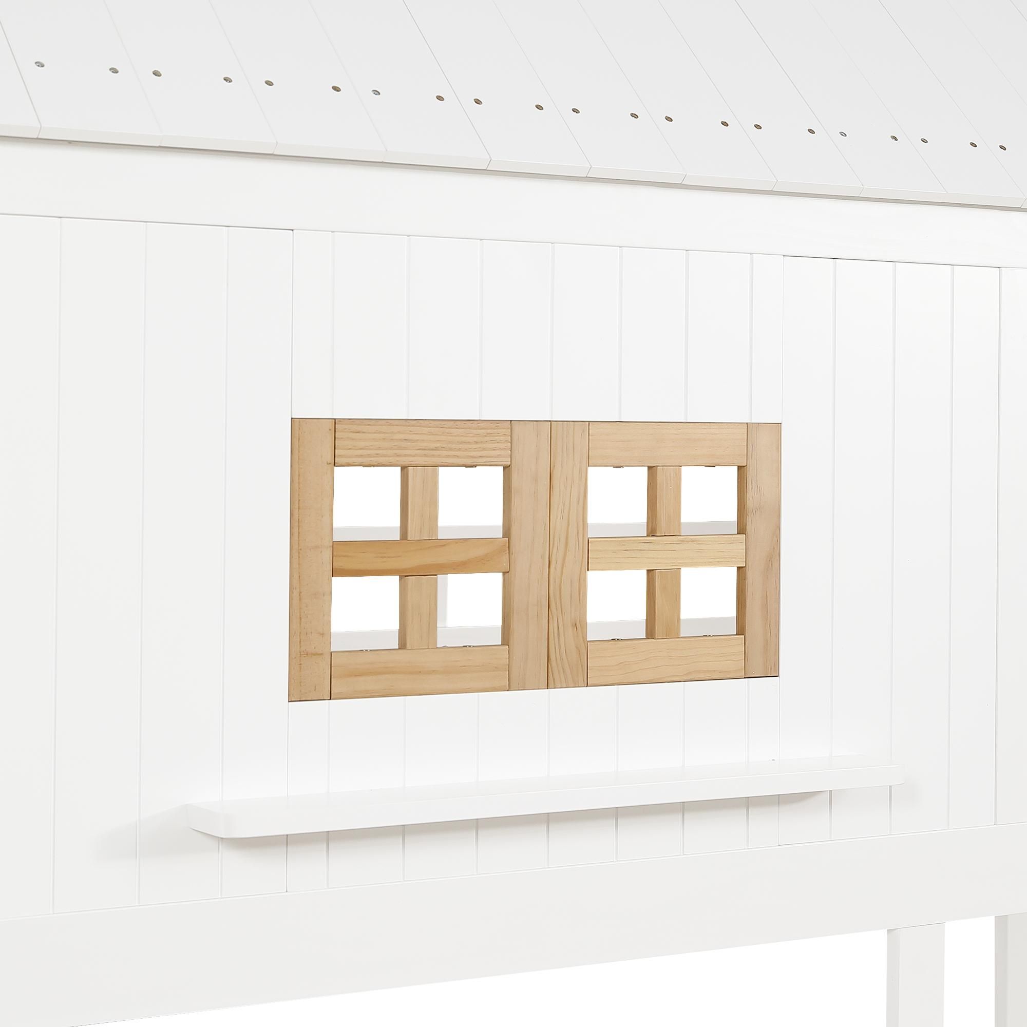 Flieks Etagenbett 90x200cm mit 2 Schubladen, Kinderbett Hausbett mit Fenster und Dach, Kinder Hochbett mit Leiter und Lattenrost für 2 Kinder, Weiß