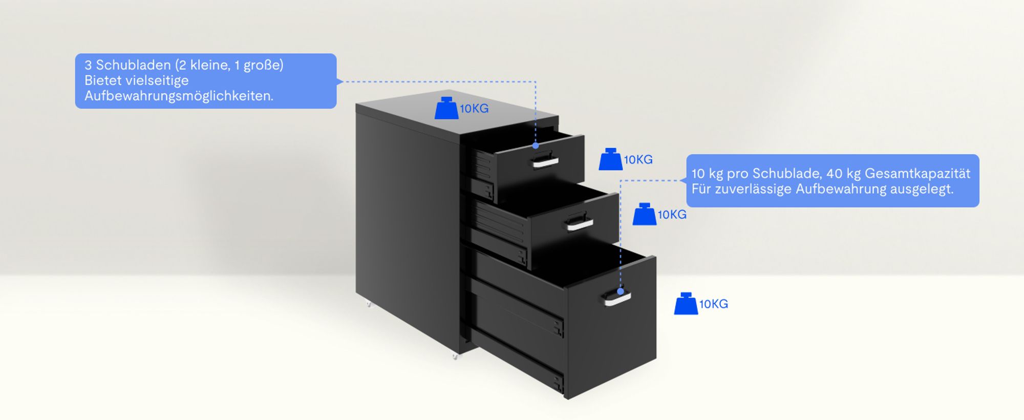 FLEXISPOT Rollcontainer Büroschrank mit 3 Schubladen, Aktenschrank Metallschrank Kommode mit Rädern, Unterschrank für Zuhause und Büro (Schwarz)
