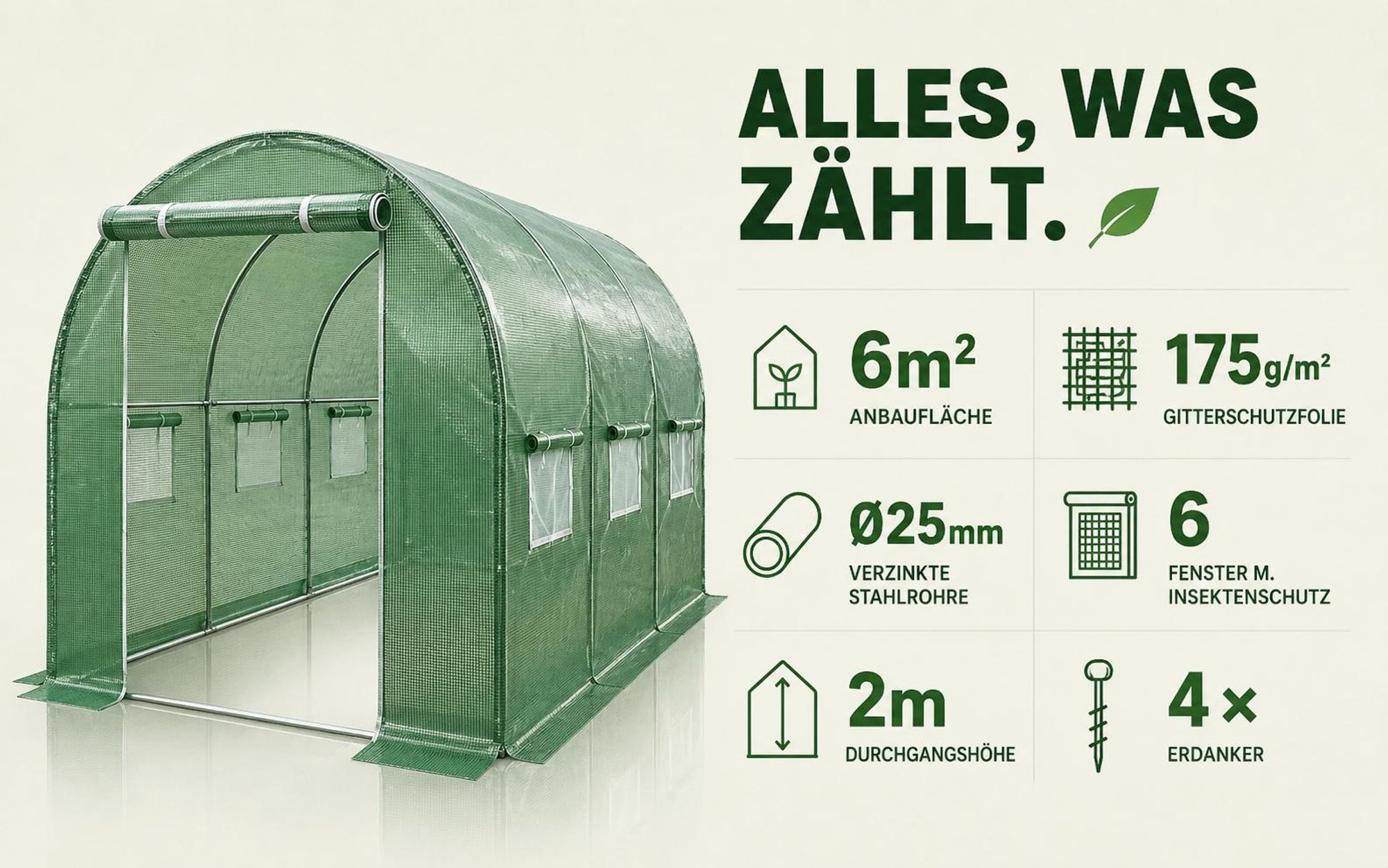 Folien Gewächshaus TOM GH-600 | 6 m² 200×200×300 cm (B×H×T) | 140g/m² | Gitterschutzfolie | Wasserfest | UV-Beständig Erdanker