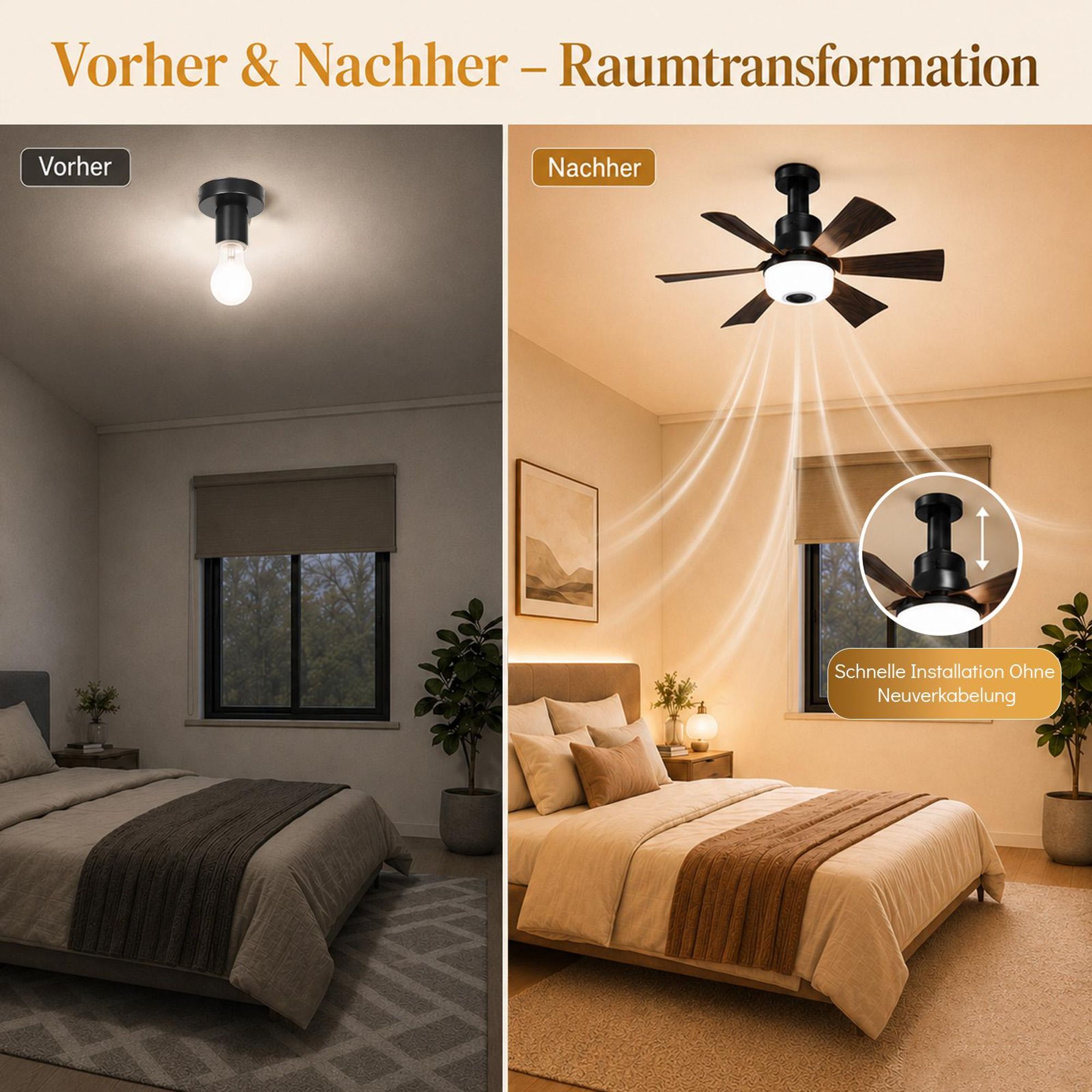 E27 Leise Ventilator φ52cm Deckenventilator mit Licht & Fernbedienung 40W RGB Bluetooth Lautsprecher 3 Windstufen, Lampe mit Ventilator Schlafzimmer