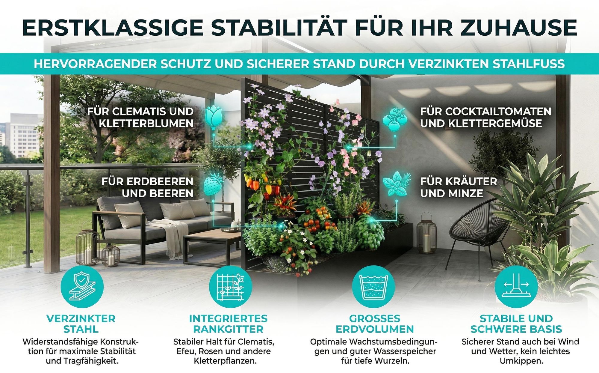 Blumenkasten mit Rankgitter, Spalier mit Pflanzkästen und Drainagelöchern, Gartenspalier aus Metall, groß, schwarz,