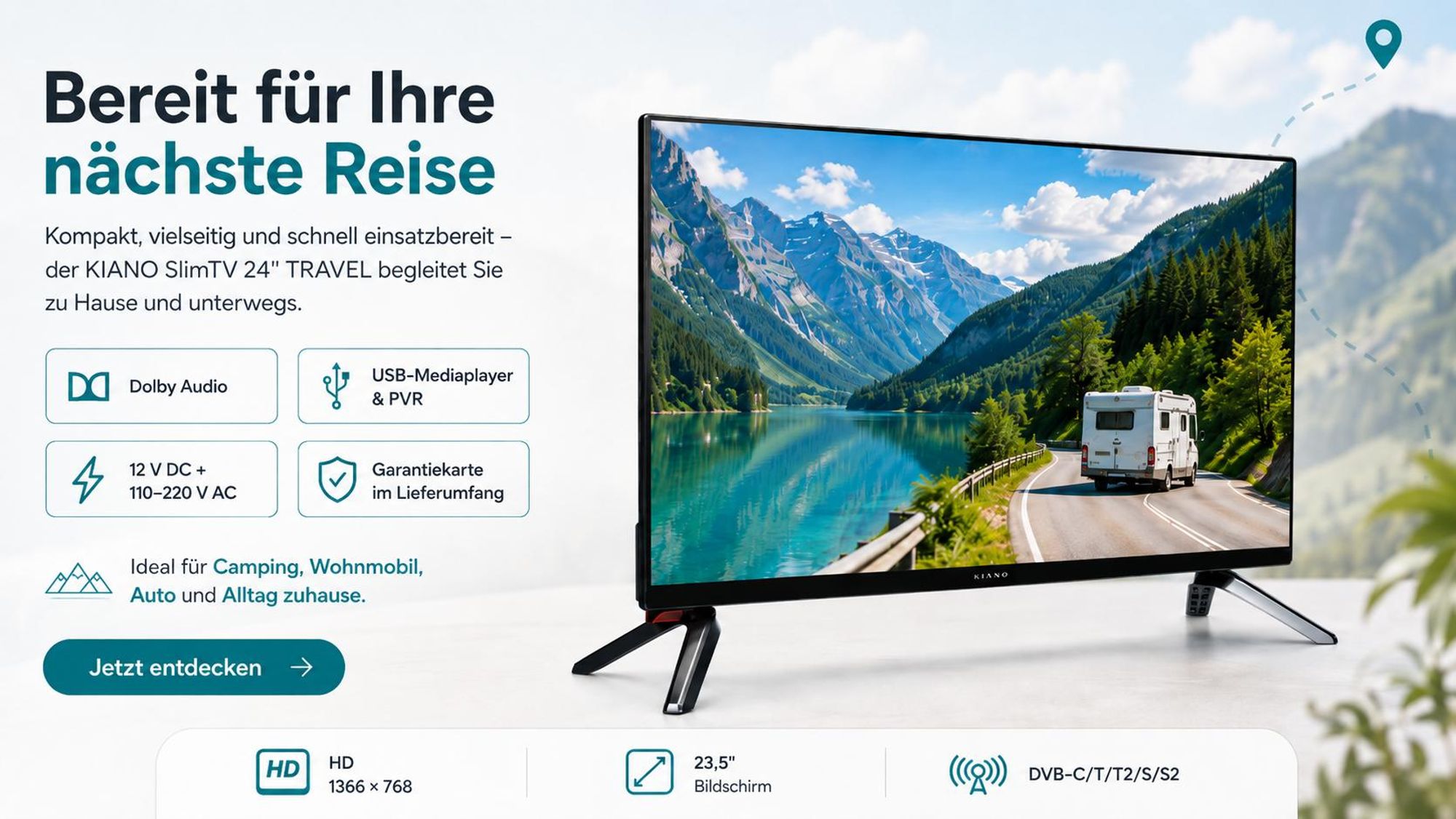 Kiano Slim TV Travel 24 Zoll (61 cm) Fernseher, HD, LED, Triple Tuner DVB-T2, Auto-Ladegerät, HDMI, USB, Dolby Audio