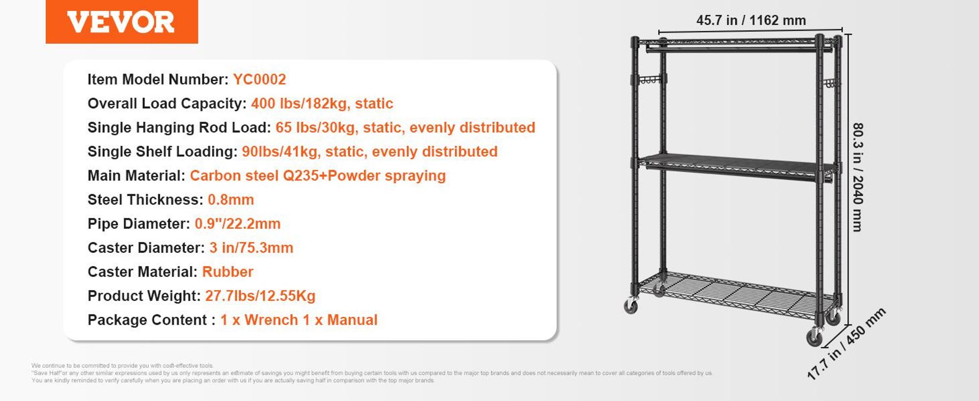 VEVOR 3-lagiger Rollbarer Kleiderständer Garderobenständer Kleiderstangen, 204 cm Höhe Stahl Kleiderständer 182 kg Belastbar, Strapazierfähig Ständer für Schlafzimmer, Wäscheraum, Ankleidezimmer usw.