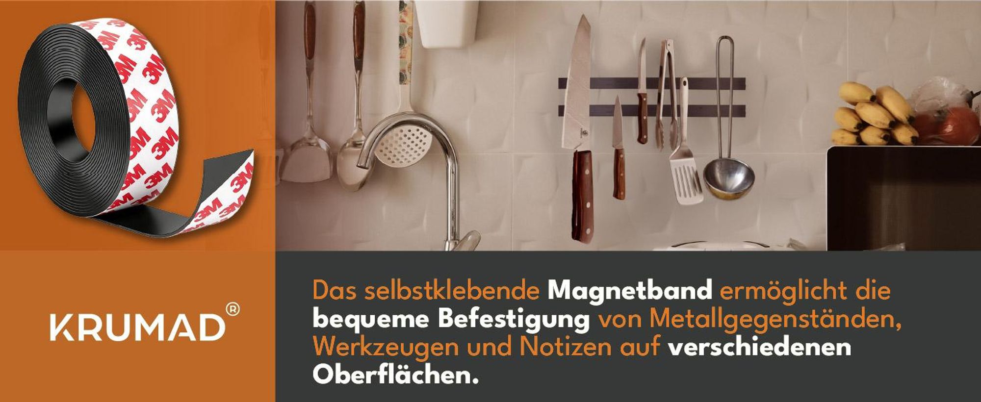 KRUMAD Magnetband Selbstklebend, Magnetstreifen, Magnetisches Klebeband, Zuschneidbar für Haushalt, Küche & Werkstatt