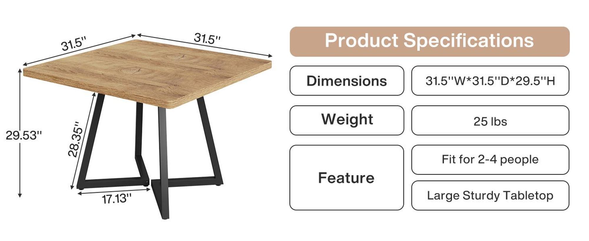 Tribesigns Quadratischer Esstisch für 2 Personen, 80 cm moderner Esstisch mit Metallgestell, Industriestil, Küchentisch für Esszimmer, Natur & Schwarz