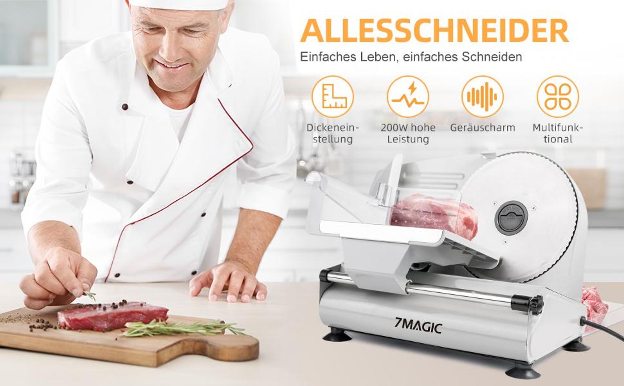 7MAGIC Allesschneider, elektrischer mit ECO-Motor, rostfreies Edelstahlmesser, Wurstschneidemaschine mit einstellbare Schnittstärke(0-15mm), 200W