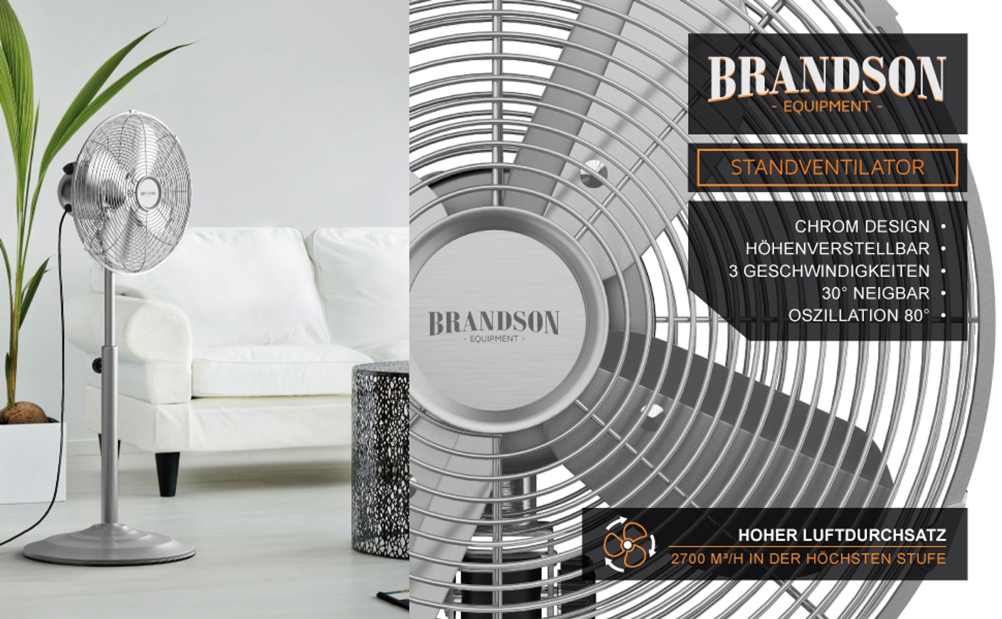 Chromfarbener Standventilator im Wohnzimmer mit hoher Luftleistung und Korb-Detail