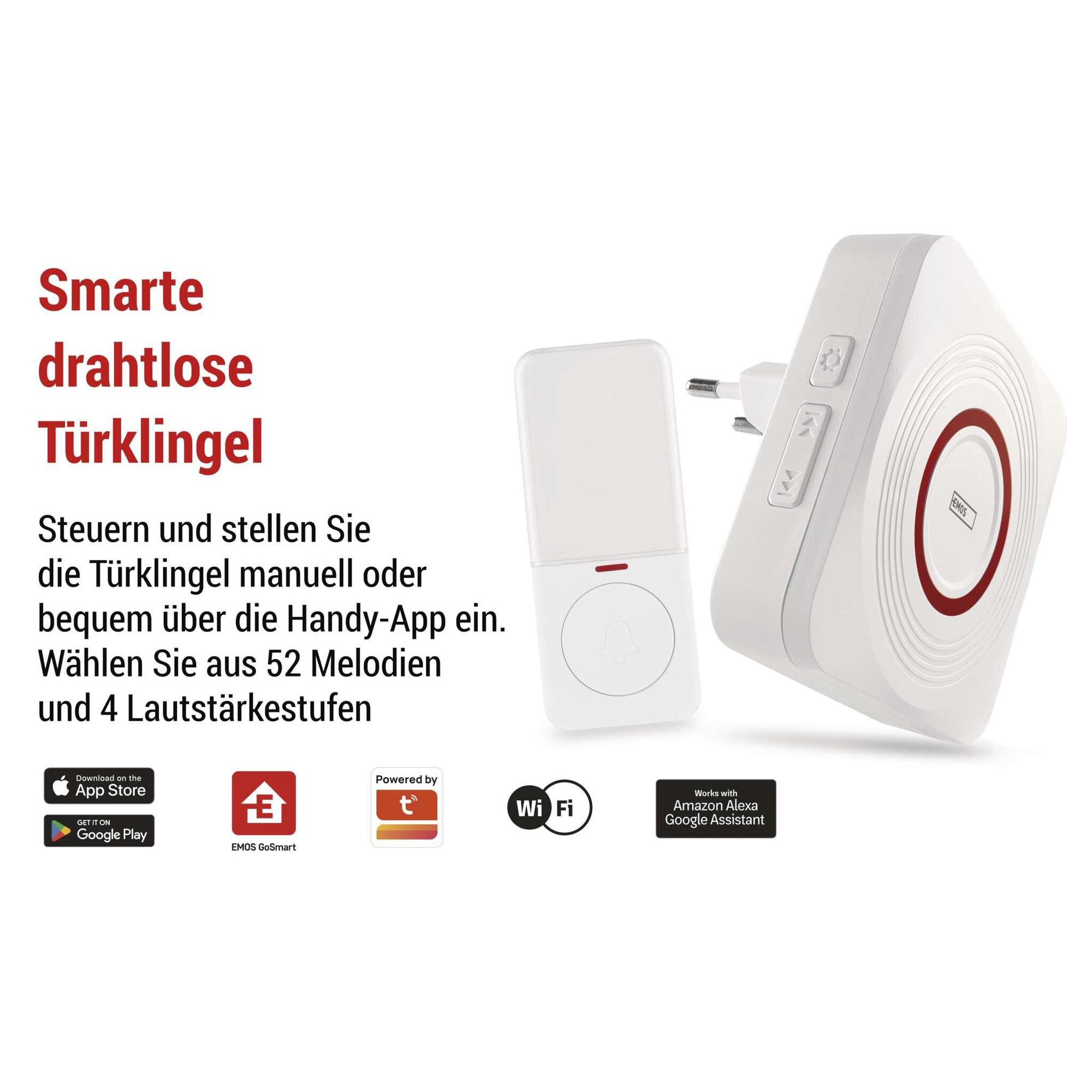 EMOS Smart Home Funkklingel Set mit App, WiFi, kabellos, 52 Melodien, 150m Reichweite, 4 Lautstärken bis 110dB, inkl. Batterie, weiß, P5735WS