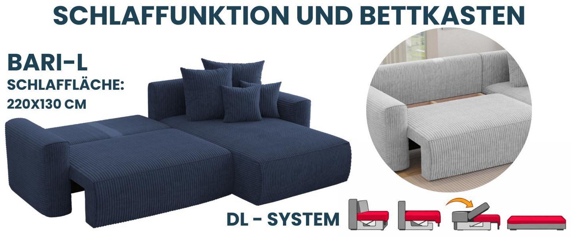 3-Sitzer Ecksofa ANTONIO BARI – 260x160x78cm, Ottomane rechts/links, L-Form, Schlaffunktion & Bettkästen - Eckarniutur, Bezug - Cord in Beige