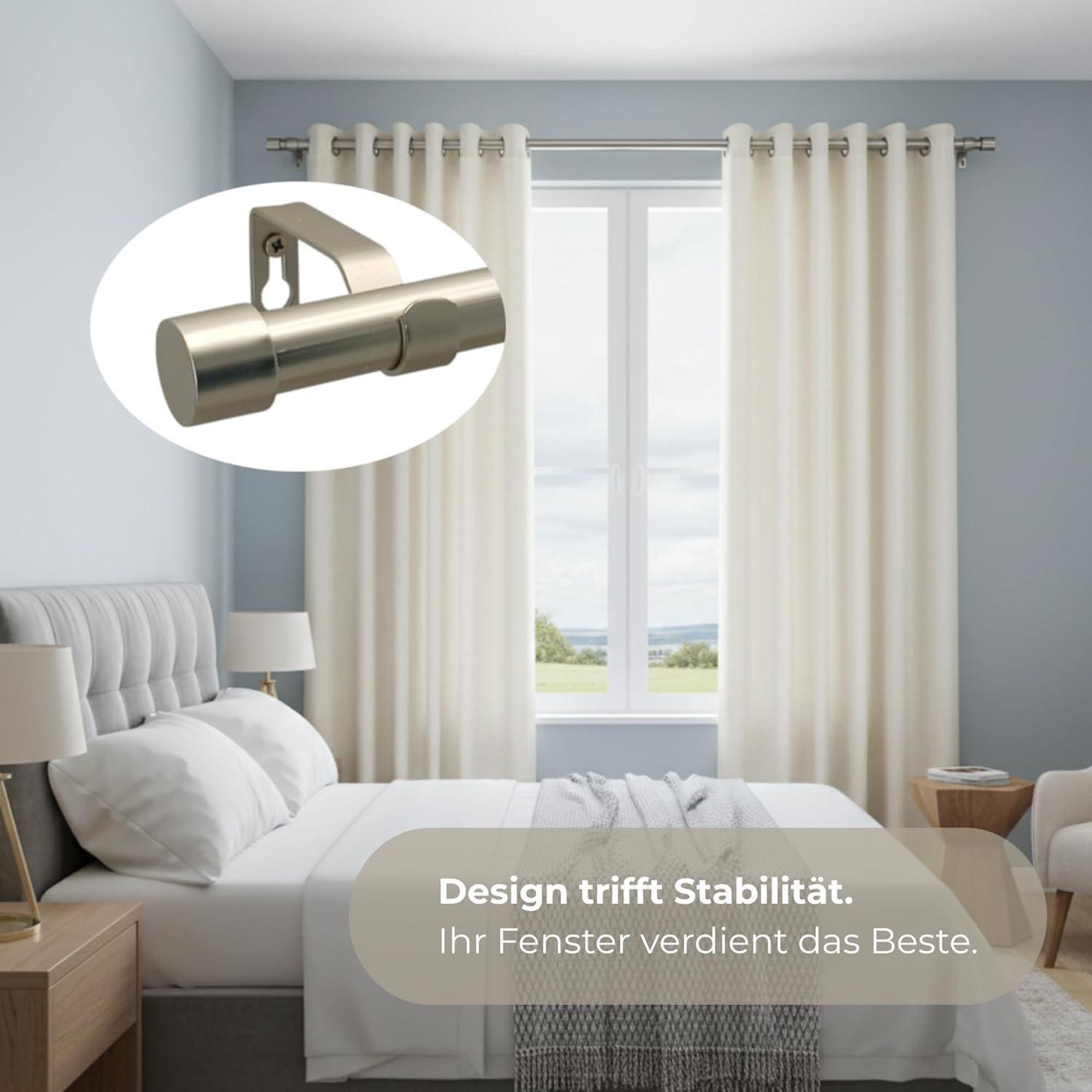 LOFT 280 cm Doppelte Gardinenstange 19 mm aus Metall mit Endstück CAPRI Komplettset mit Ringen und Clips Inklusive Montagezubehörset Farbe Satin