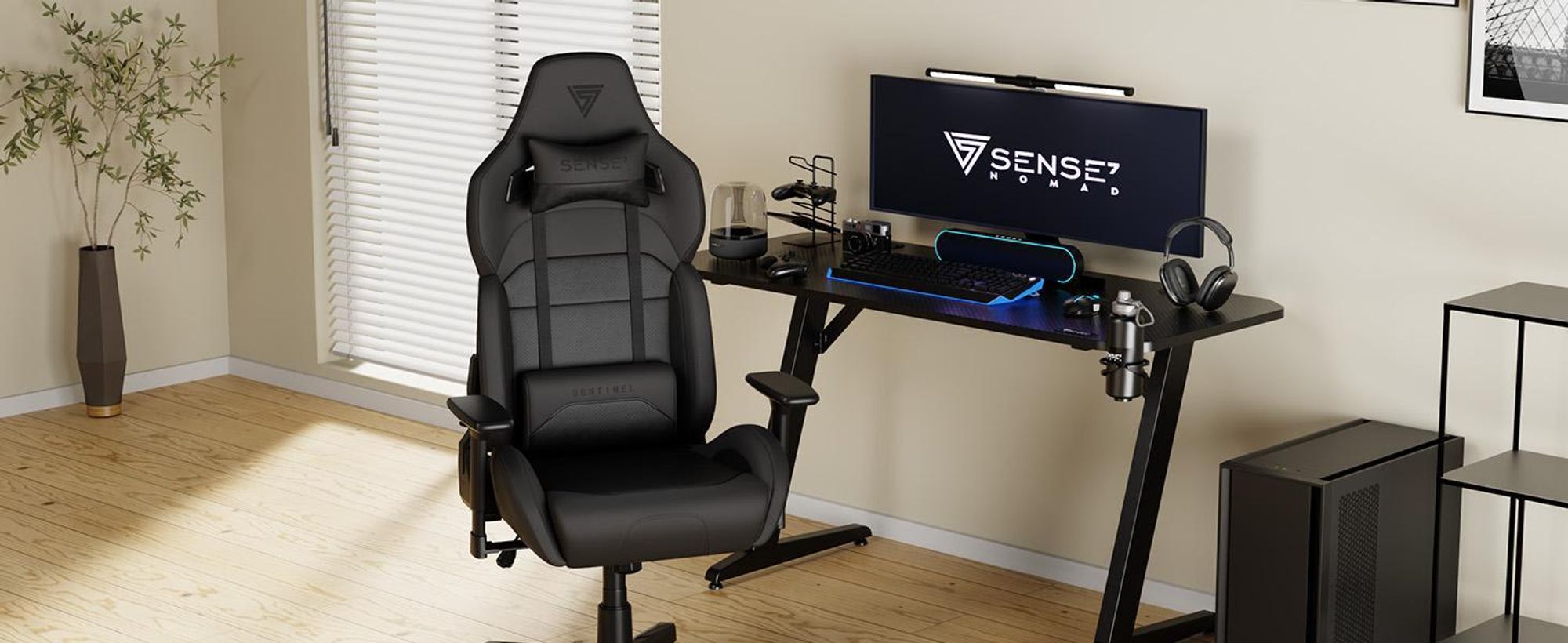 Herná stolička SENSE7 Sentinel – ergonomická kancelárska stolička s 3D podrúčkami, sklonom 160°, funkcia naklápania, čalúnenie HDE™, plynový píst, nosnosť do 150 kg, čierna