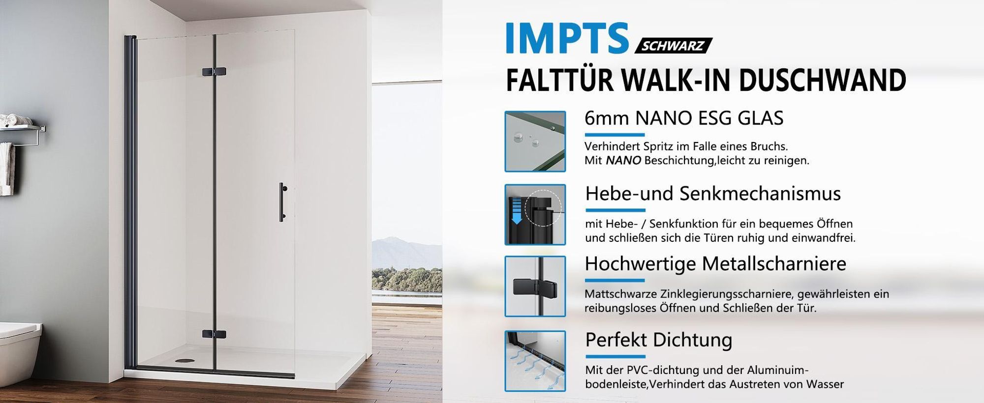 IMPTS Walk-in Duschwand für Dusche 120 x 195cm Duschabtrennung Falttür Duschkabine Schwarz Duschtrennwand 6mm ESG NANO GLAS Duschtür Drehbar & Faltbar