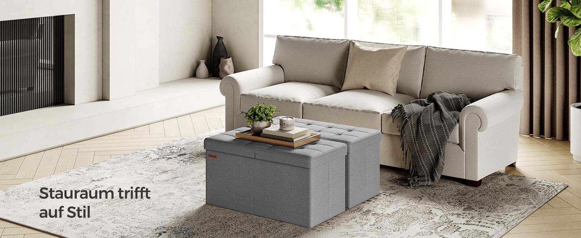SONGMICS Sitztruhe 76x38x38cm Halbdeckel 80L aus Leinen seitlich klappbar