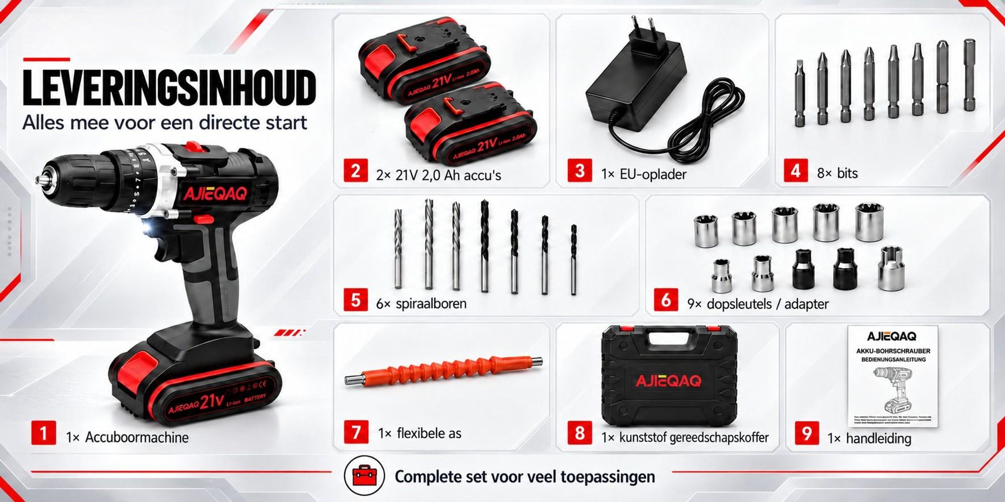 AJIEQAQ Accuboormachine 21V Set, 3-in-1 Accu-klopboormachine met 2×2,0Ah Accu's, 45 Nm, LED-werklamp, Accessoires & Koffer