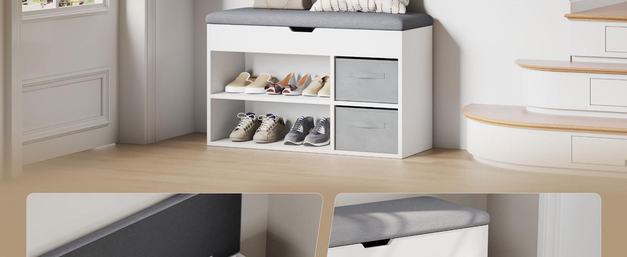Mondeer Schuhbank mit Sitzfläche, Holzschuhablage mit Stoffschublade und Aufklappbarem Kissen, für Wohnzimmer, 80 x 48 x 30 cm, Weiß