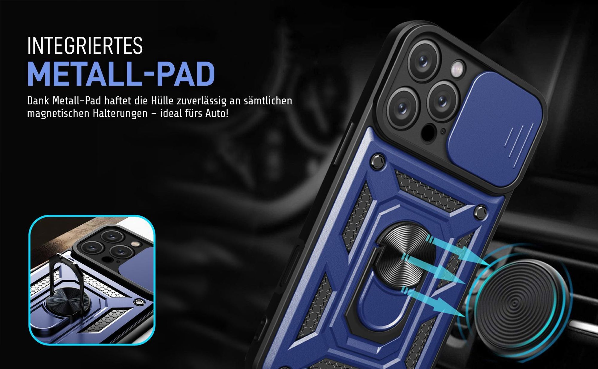 Bumper für Apple iPhone 16 Pro Max in Blau mit Metallplatte