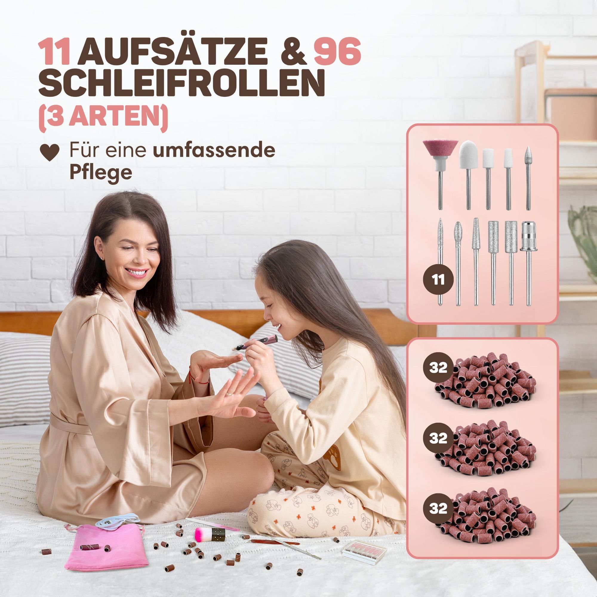 Vulpes Goods Elektrische Nagelfräser, Maniküre und Pediküre Set, Nagelfeile, Drahtlos & Aufladbar, Nagelpfeile, 11 Nagelfräser-Bits, 96 Schleifrollen