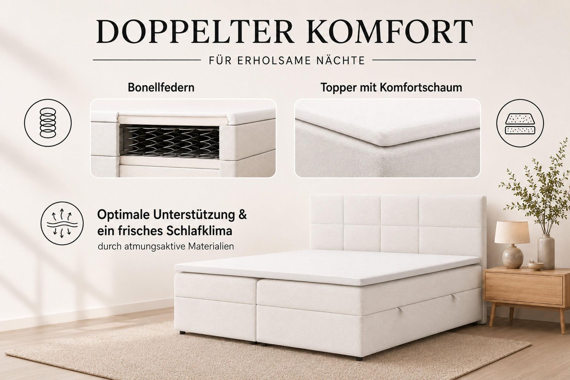 VENASI BETTY Boxspringbett 180x200 cm mit Bettkasten, Bonellmatratze H2/H3, Topper Beige