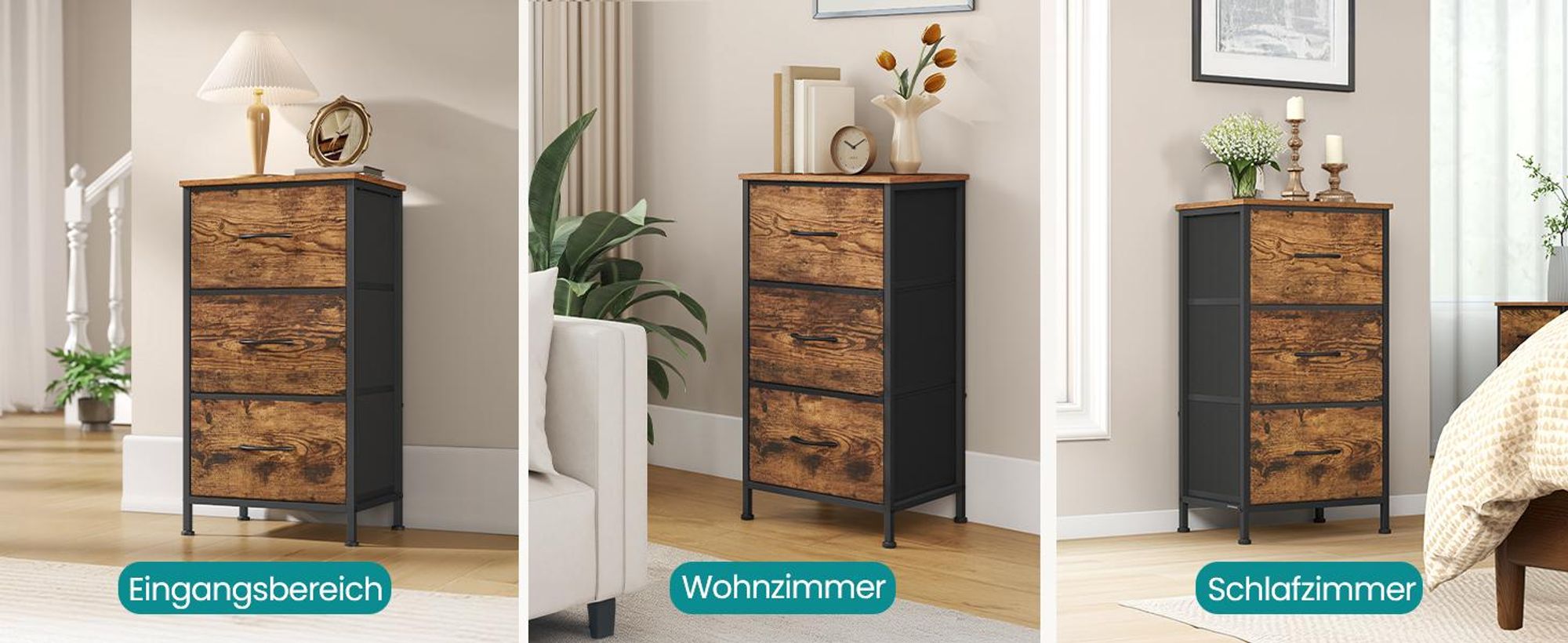 SONGMICS Kommode, Schrank, 3 Stoffschubladen, für Schlafzimmer, Flur, Wohnzimmer