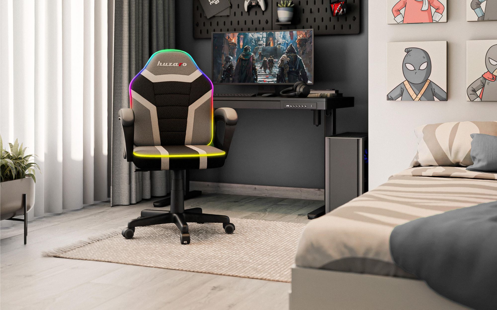 Gaming-Stuhl für Kinder Huzaro Ranger 1.0 RGB Pixel mit LED-Beleuchtung, atmungsaktiver Stoff, höhenverstellbar, 80–150 cm