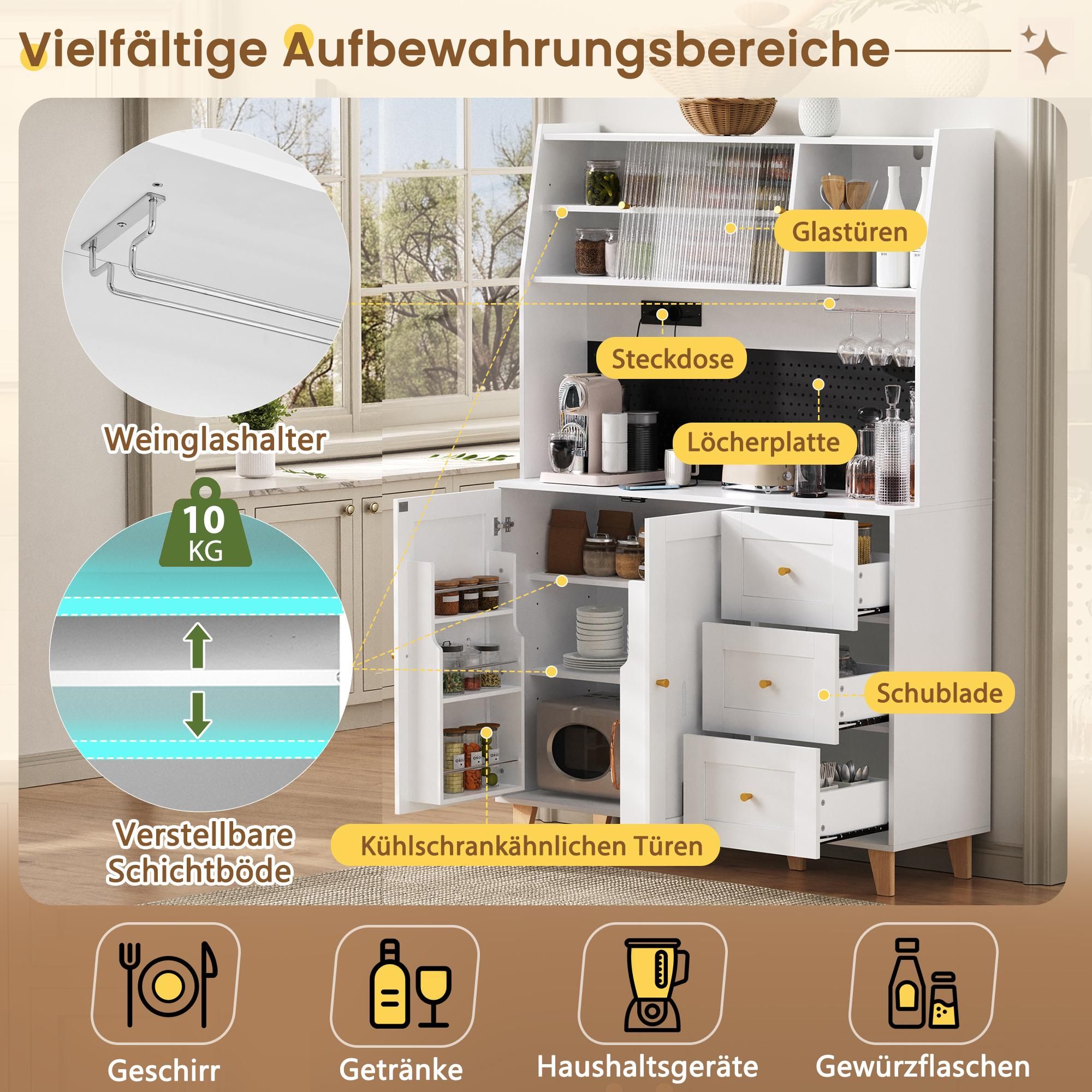 MODFU Hochschrank Barschrank mit Weinglashaltern,Buffetschrank mit Steckdosen und Lochbrett,Beistellschrank mit Stauraum und Schubladen,Weiß