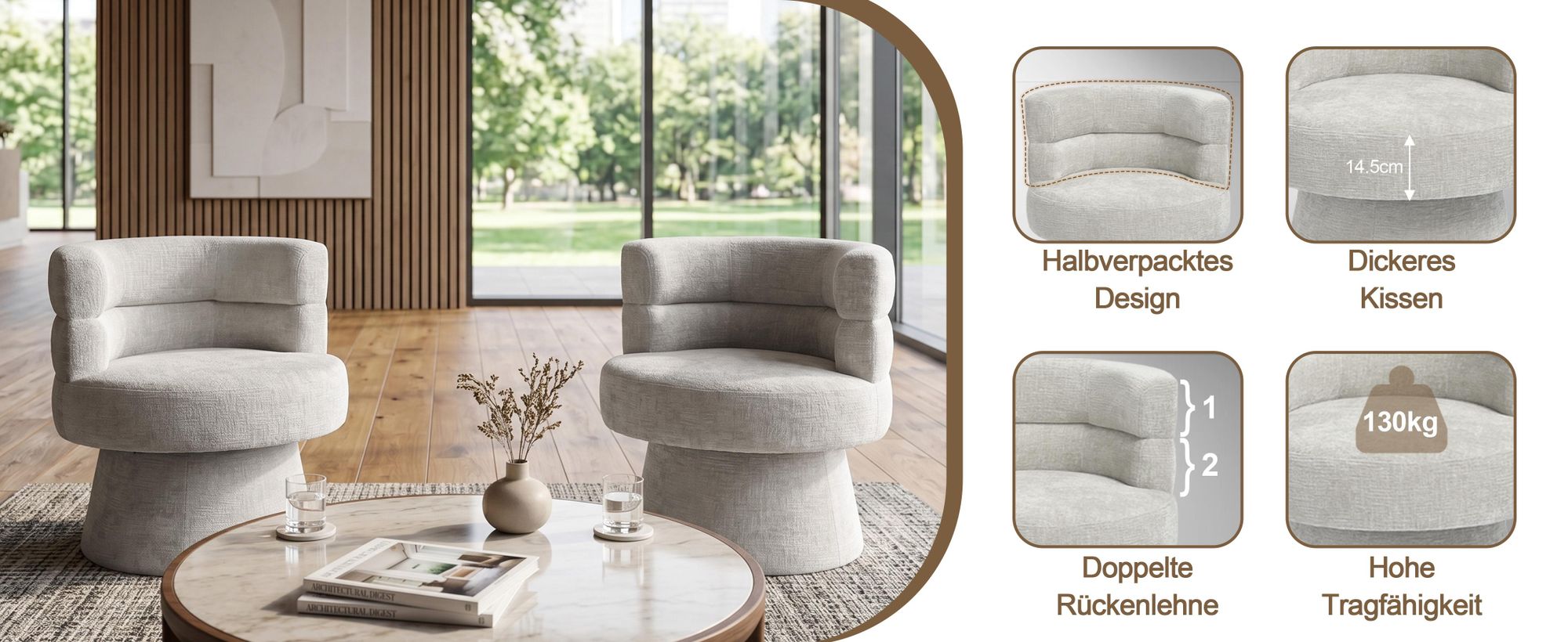 Duhome Drehsessel Modern Loungesessel aus Chenille Polstersessel 360° Drehbar Cocktailsessel für Wohnzimmer Schlafzimmer Salon, Beige