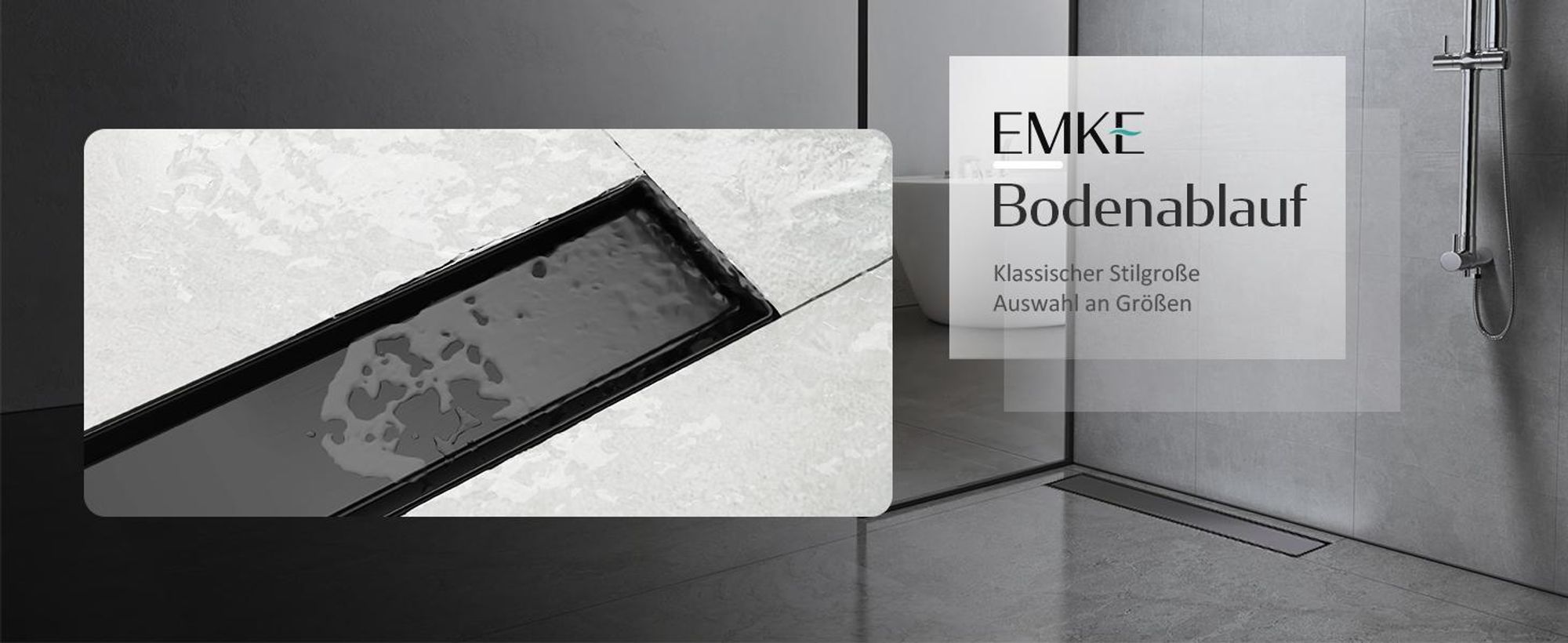 EMKE Duschrinne Edelstahl 50cm Mattschwarz Bodenablauf Siphon mit Geruchsstop Duschablauf sehr flach Randablauf
