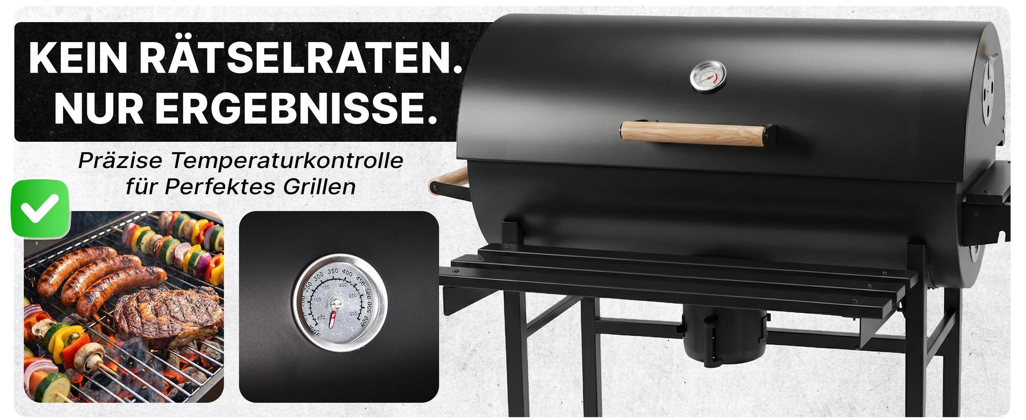 Grill & Chill Gartengrill, Holzkohlegrill - großer Chromrost 71×35 cm, Deckel, Aschekasten, Thermometer, Zwei Transporträder, GC0002