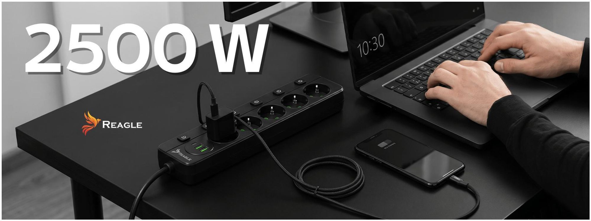 Reagle 3m Steckdosenleiste 5-fach einzeln schaltbar, Mehrfachsteckdose mit 3x USB (1x USB-C Schnellladen), Verlängerungskabel 2500W Schwarz