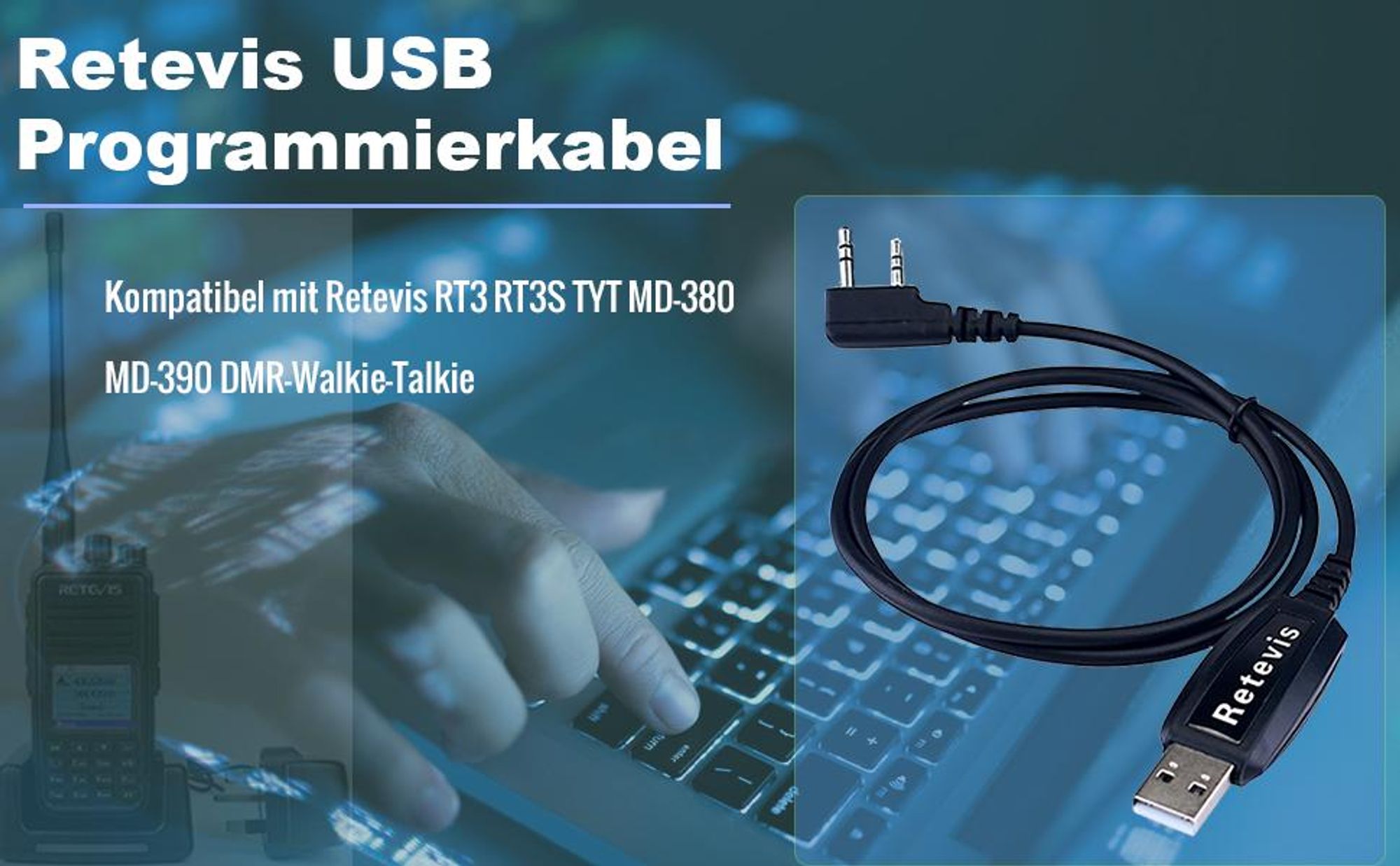 Retevis 2-pin Programmierkabel, Kabellänge 15 cm, Kompatibel mit Walkie Talkie RT3 RT3S TYT MD-380 DMR Funkgeräte, Kompatibel mit Win XP/7/8/9/10