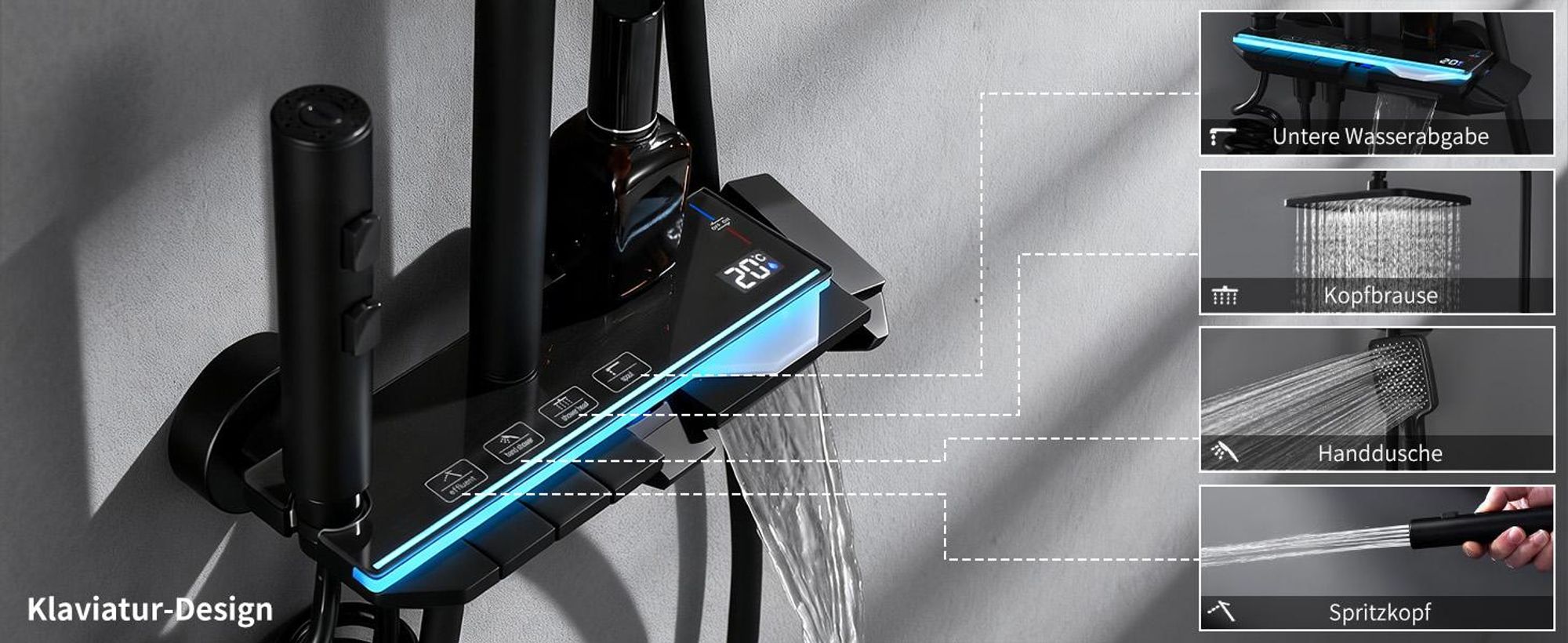 Homelody Duschsystem Messing Schwarz, 4 Wasserausgabe Modi, Duscharmatur Komplettset, Duschset Digitale Temperaturanzeige mit Atmosphärenlicht