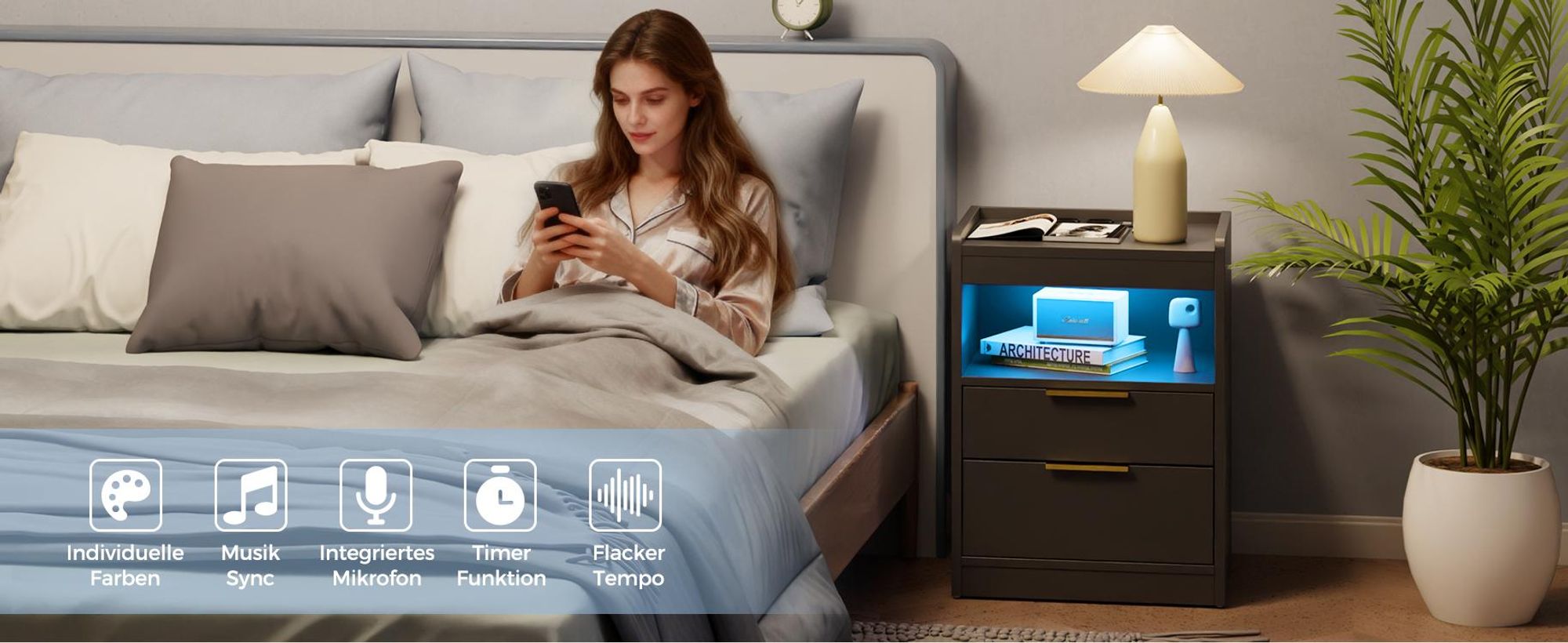 Mondeer Nachttisch mit LED-Beleuchtung & USB-Ladestation, Moderner Beistelltisch mit 2 Steckdosen, Doppel-USB, 3 Schubladen und Staufach Schwarz