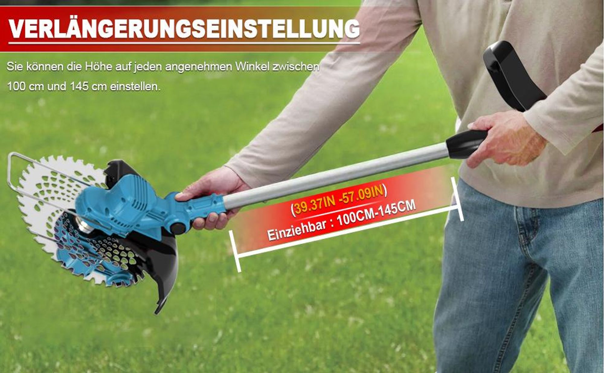 Akku Rasentrimmer mit 2x 4000mAh Akkus, Höhenverstellbar, Leichtgewicht, Freischneider mit Unkrautbürste, Sägeblatt, Kunststoff & Metallklingen