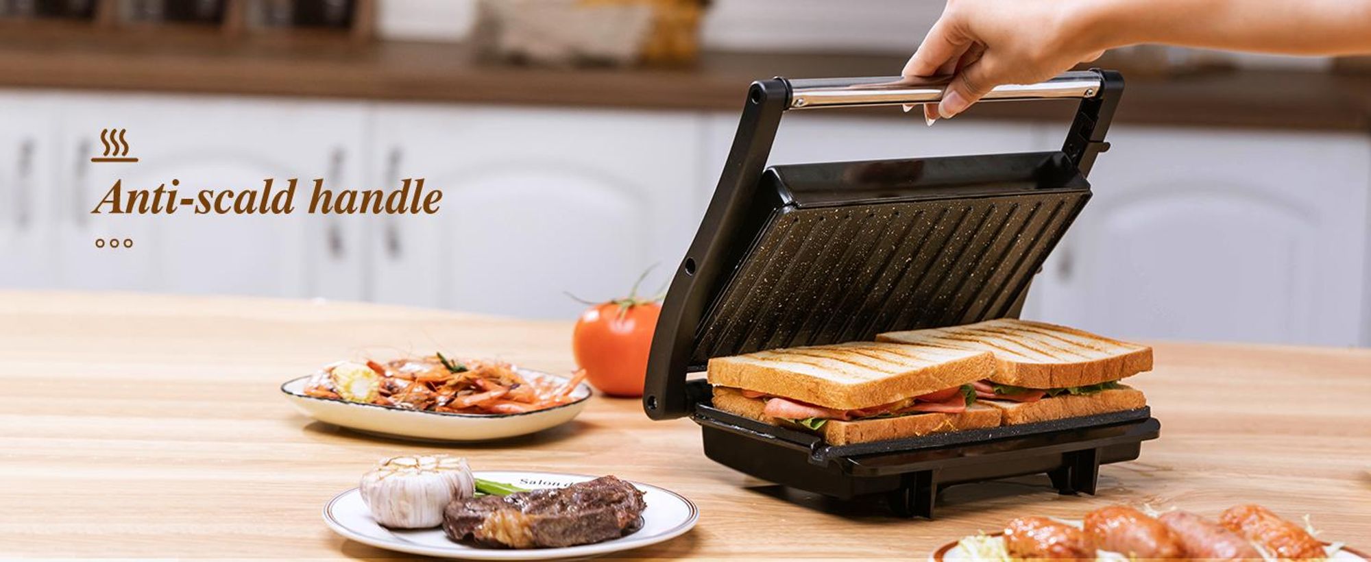 Aigostar - XXL Kontaktgrill Panini Grill, Sandwich Maker, Edelstahl, 1000W , Gleichmäßige Erwärmung, 180° Kontaktgrill, Leicht zu lagern