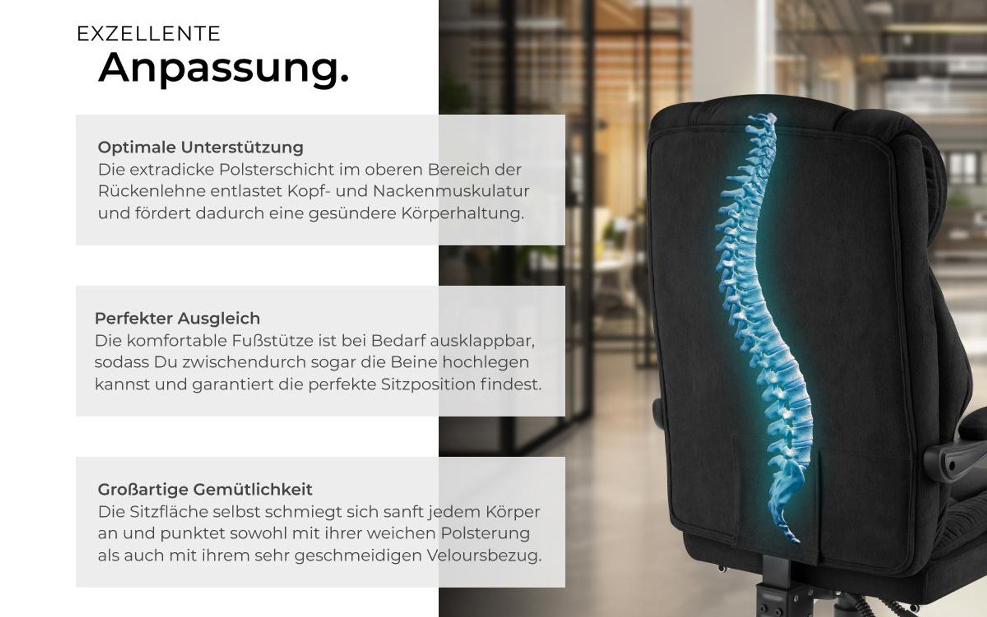 tectake® Bürostuhl Jillien 360° drehbar, stufenlos höhenverstellbar