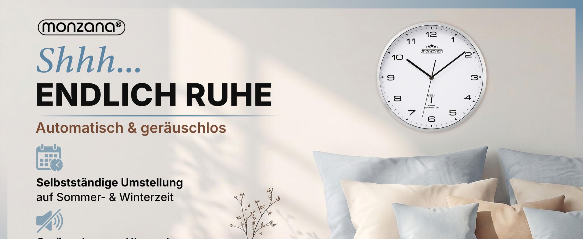 MONZANA® Wanduhr Groß Ø31cm Geräuscharm Automatische Zeitumstellung inkl. AA-Batterie Großes Ziffernblatt Weiß Quarzuhr Analog Wohnzimmer Büro Weiß