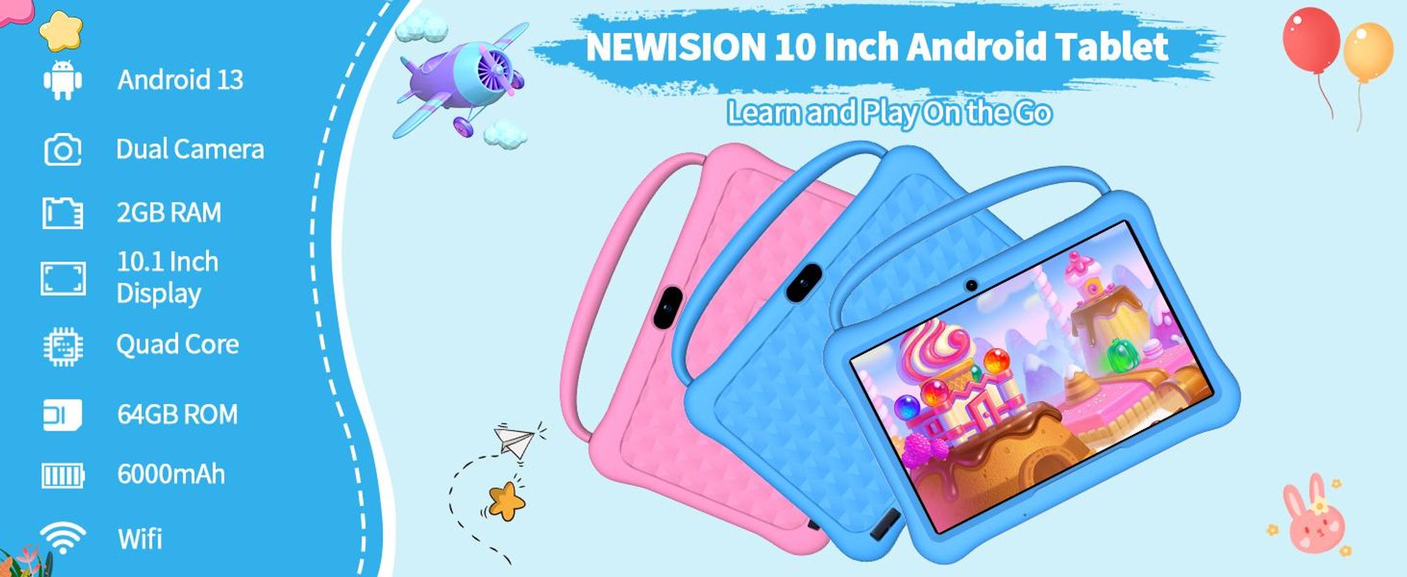 PRITOM Android 13 Tablet für Kinder, 10 Zoll Octa-Core, 64 GB RAM, 1 TB TF-Karte erweiterbar, Kindersicherung, Dual-Kamera, WLAN