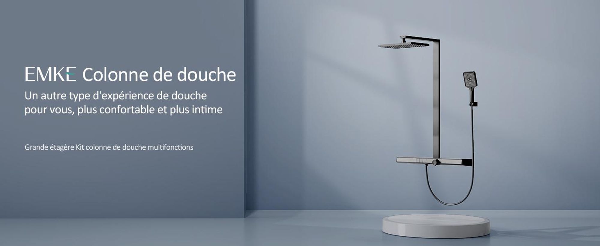 EMKE Système de douche Ensemble de douche de luxe avec thermostat, tablette en verre extra large de 710 mm, douche à effet pluie, robinetterie de salle de bains & douche Noir mat