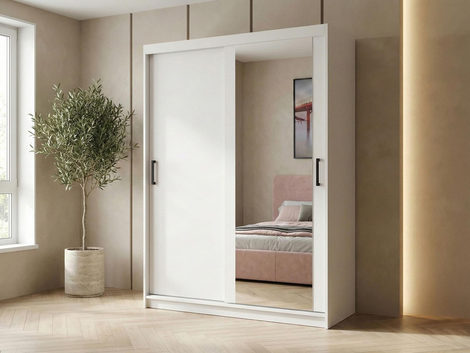 BEAUTYSOFA | Schwebetürenschrank HELA 120 cm Weiß – 2-türig Moderner Kleiderschrank mit Spiegel und Schiebetüren