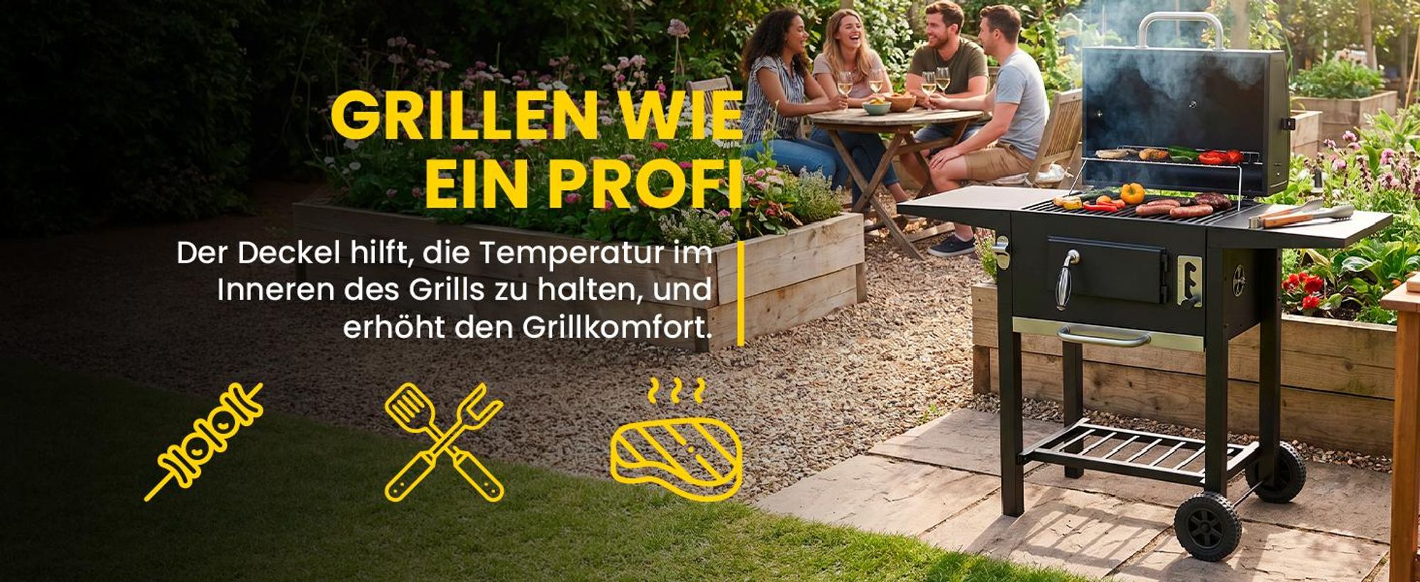 Grosser Holzkohlegrill Grillwagen XXL mit Deckel und Thermometer