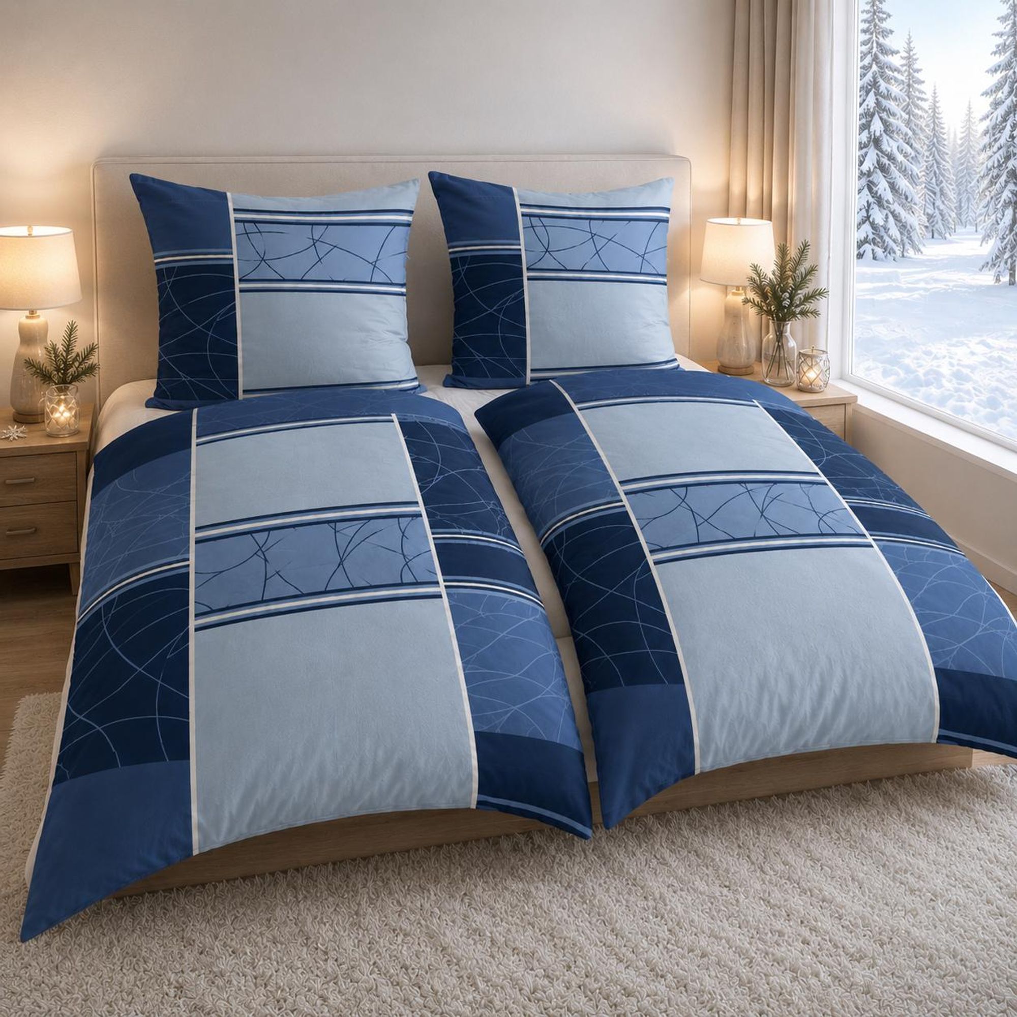 Bettwäsche Winter Biber Feinbiber Baumwolle 2x 135x200 + 2x 80x80 cm Doppelpack Design: Karo Blau